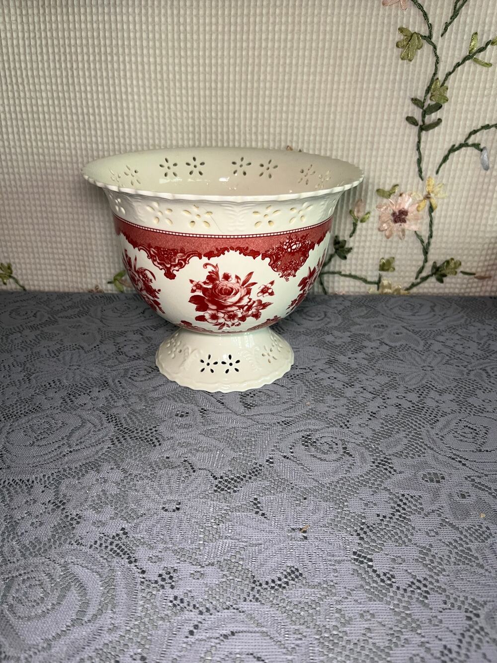 FTD Footed Pedestal Compote Bowl Red Rose Toile Reticulated Pierced Planter